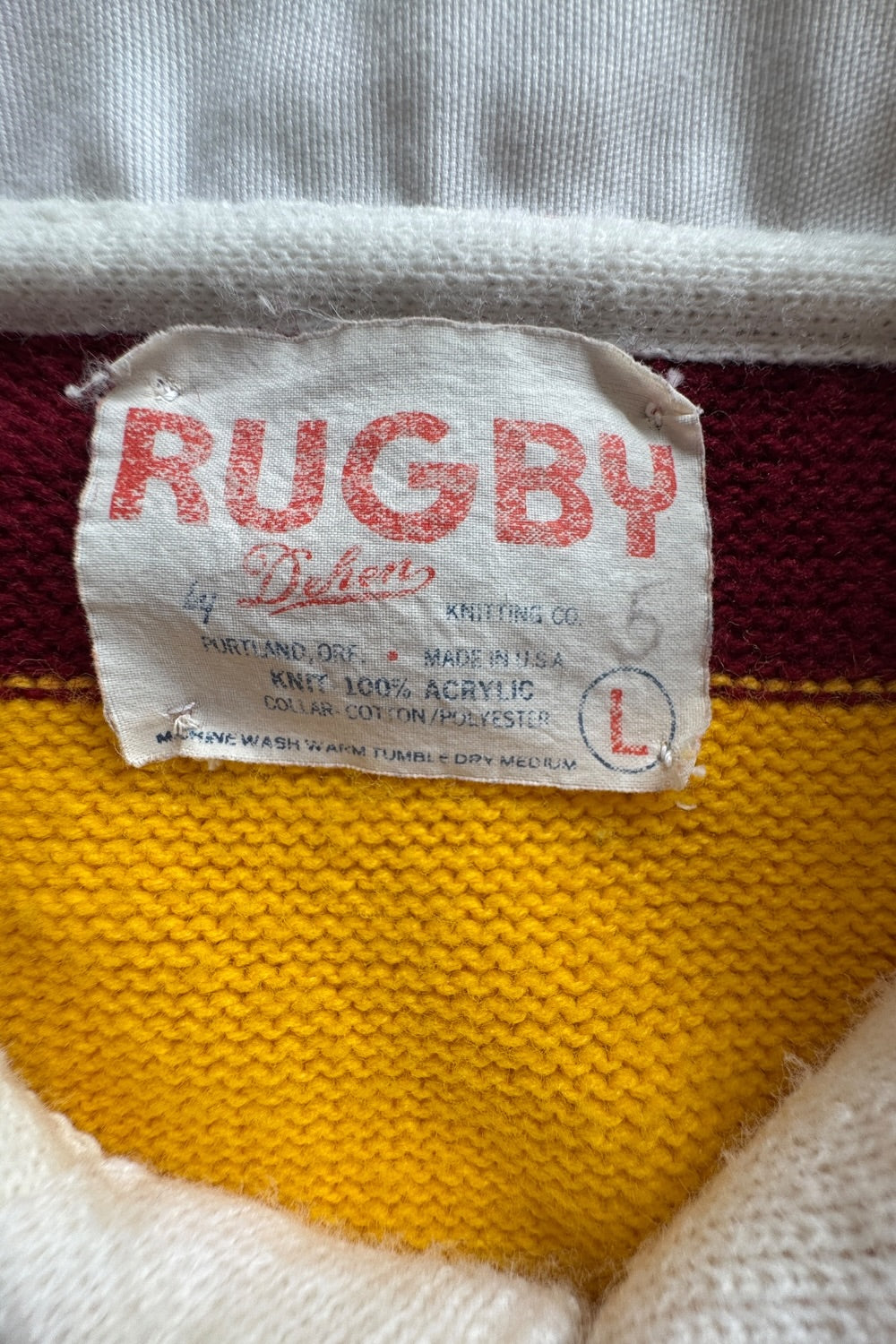 Rugby by Dehen Knitting Co Sweater — Maroon & Yellow Stripe — Made in USA — Size Large