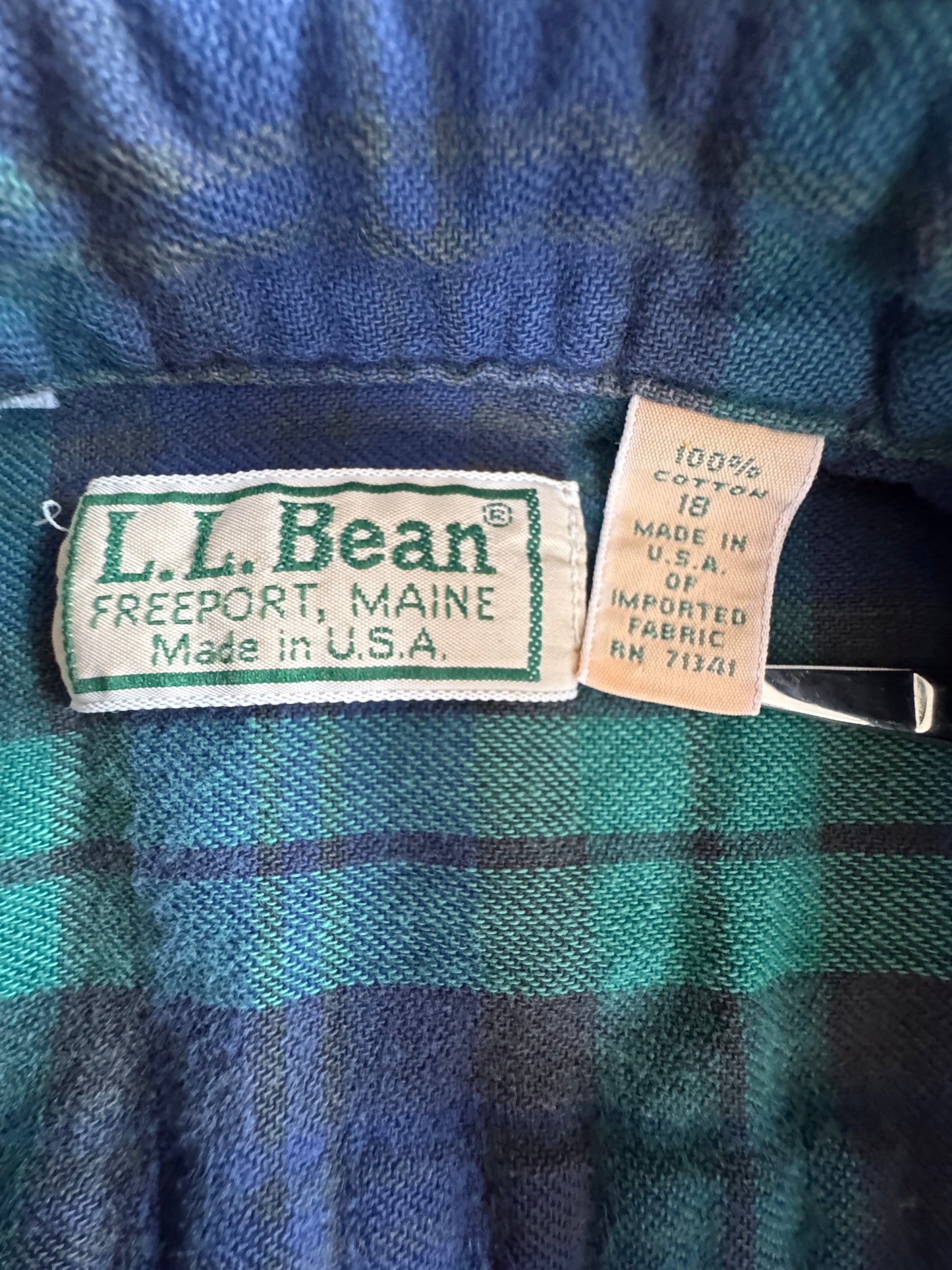 Vintage 80s LL Bean Plaid Flannel Shirt Sz 18 Navy Green Made in USA
