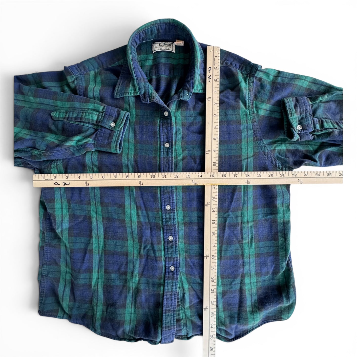 Vintage 80s LL Bean Plaid Flannel Shirt Sz 18 Navy Green Made in USA