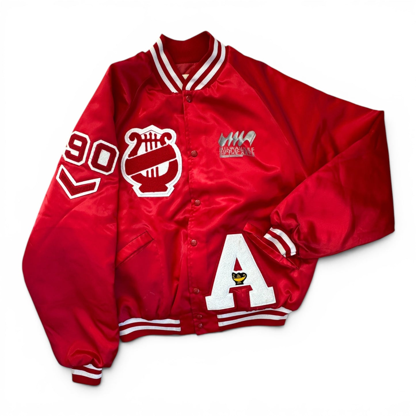 90s King Louie Milwaukee High School of the Arts Satin Bomber Jacket