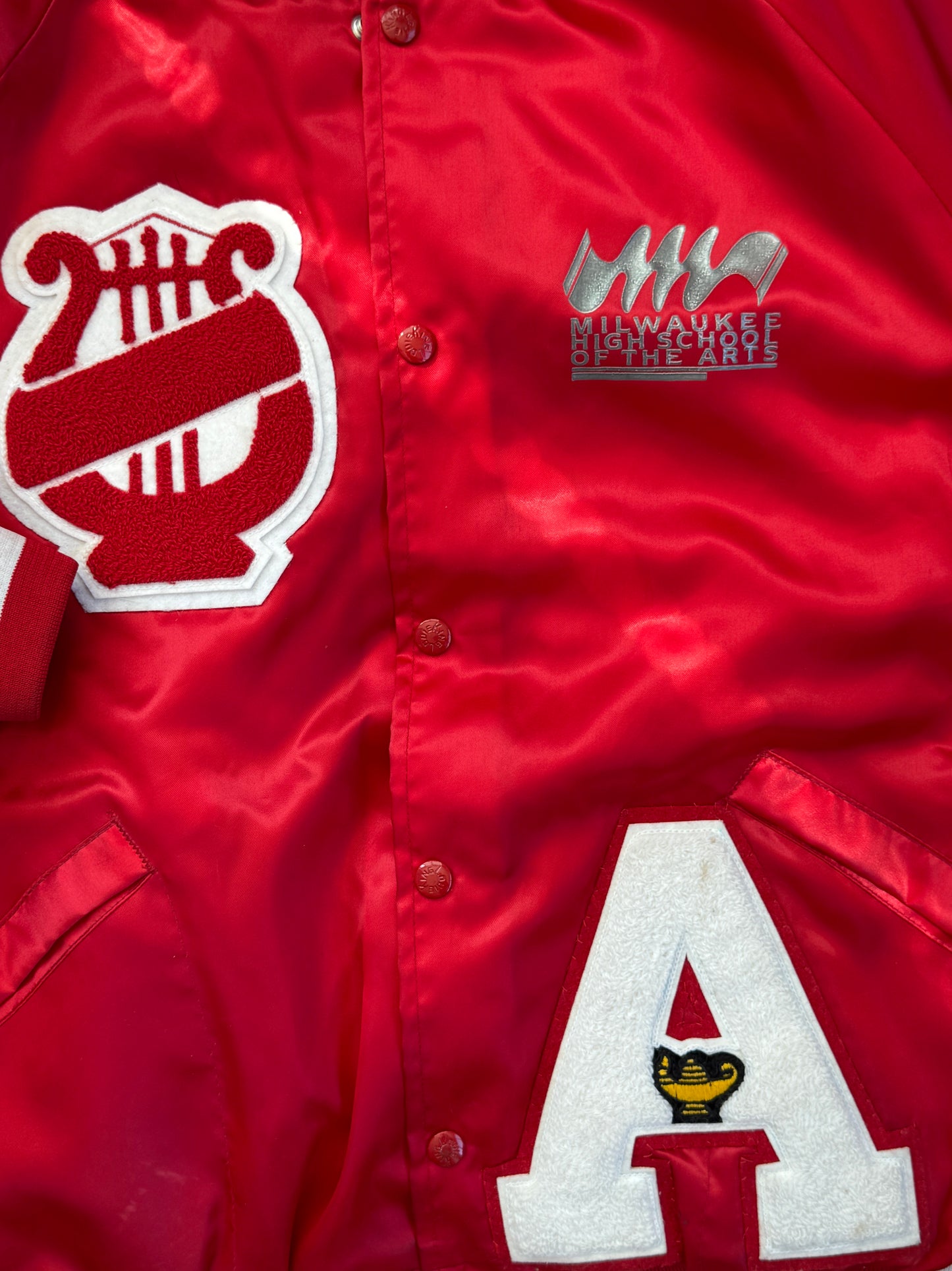 90s King Louie Milwaukee High School of the Arts Satin Bomber Jacket