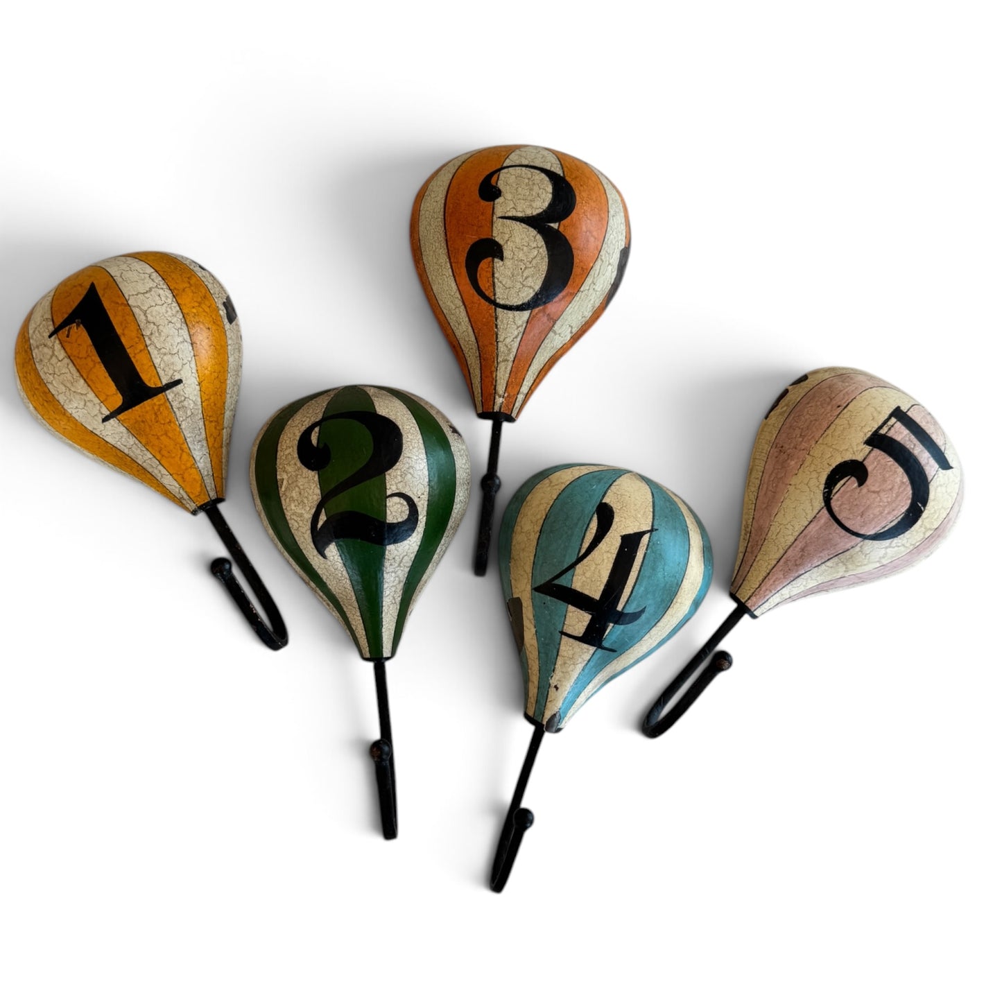 Set of 5 Vintage Hot Air Balloon Wall Hooks — Numbered 1–5, Hand-Painted Tole Tin