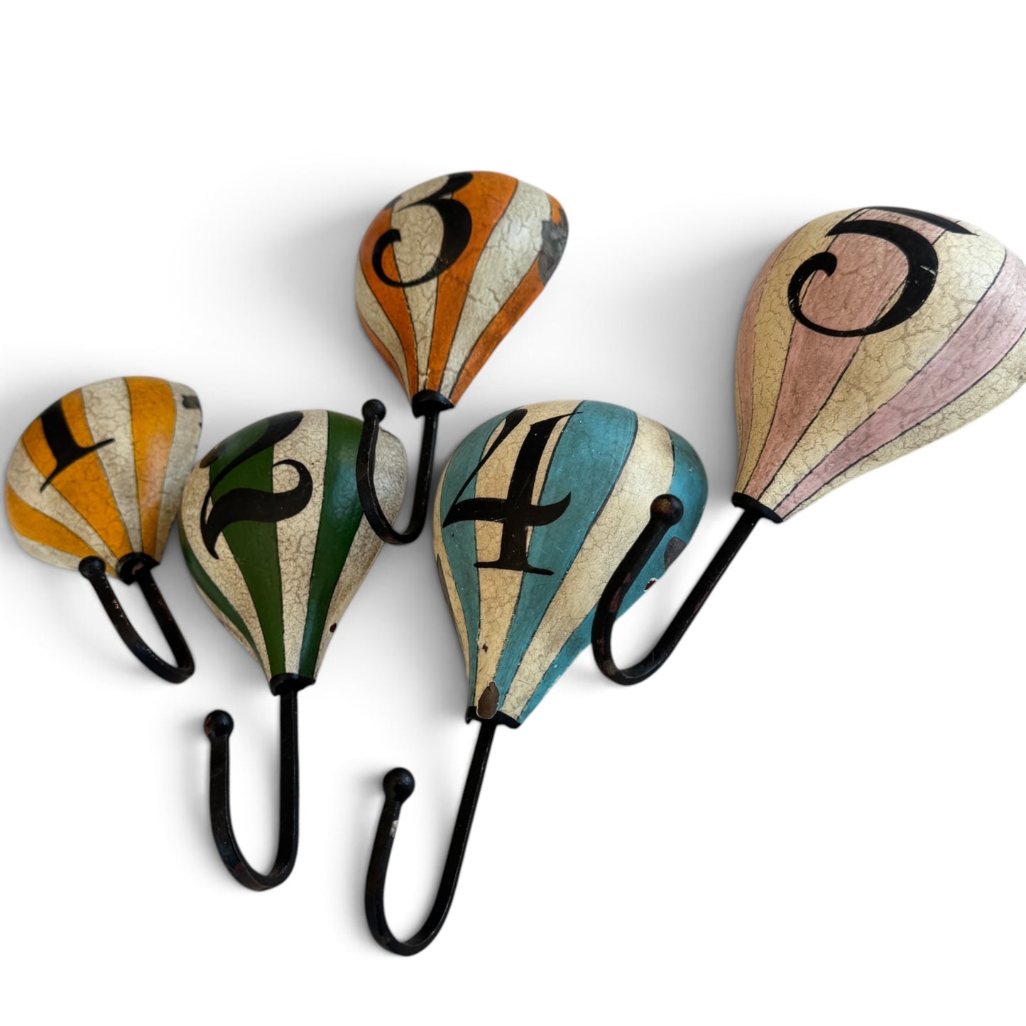 Set of 5 Vintage Hot Air Balloon Wall Hooks — Numbered 1–5, Hand-Painted Tole Tin