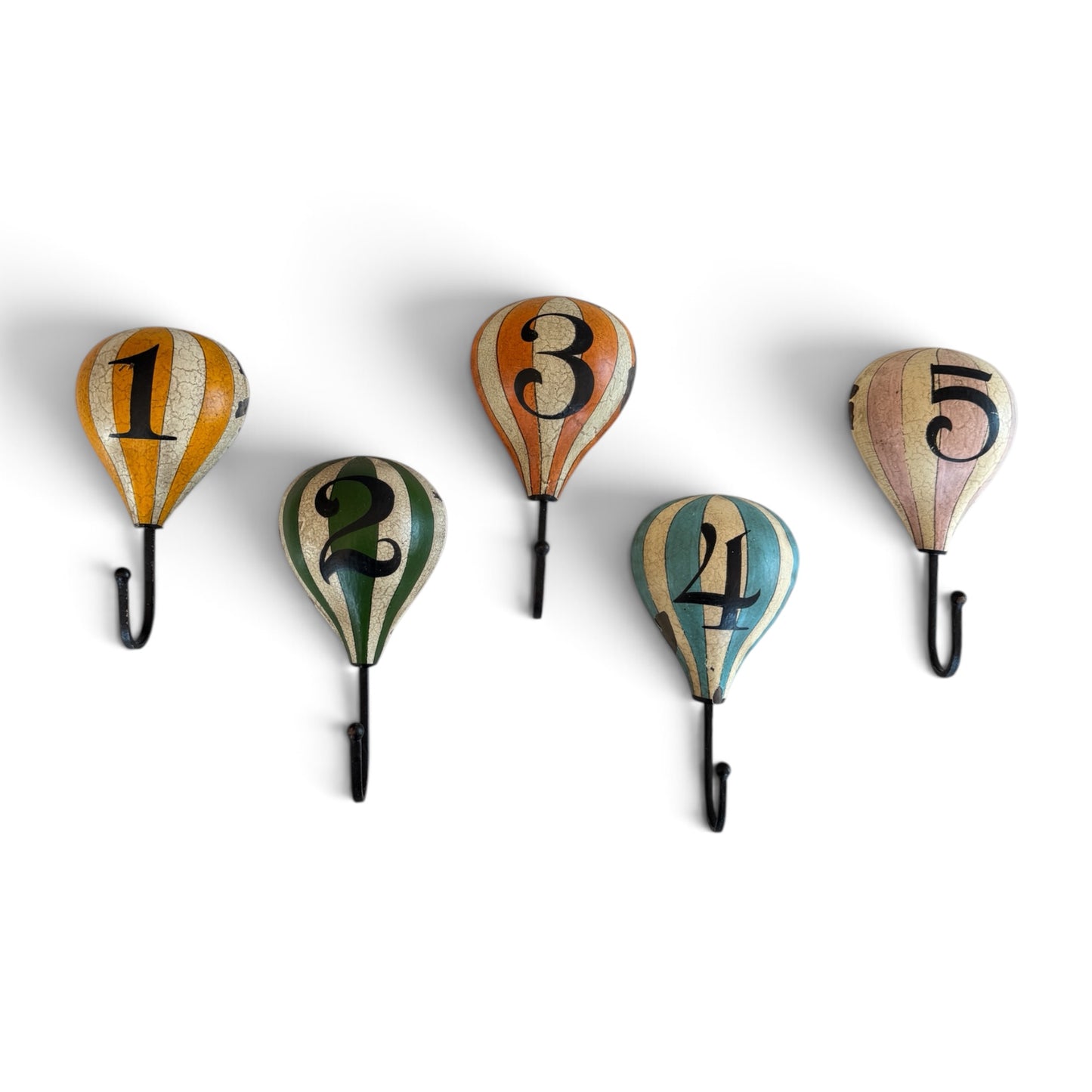 Set of 5 Vintage Hot Air Balloon Wall Hooks — Numbered 1–5, Hand-Painted Tole Tin