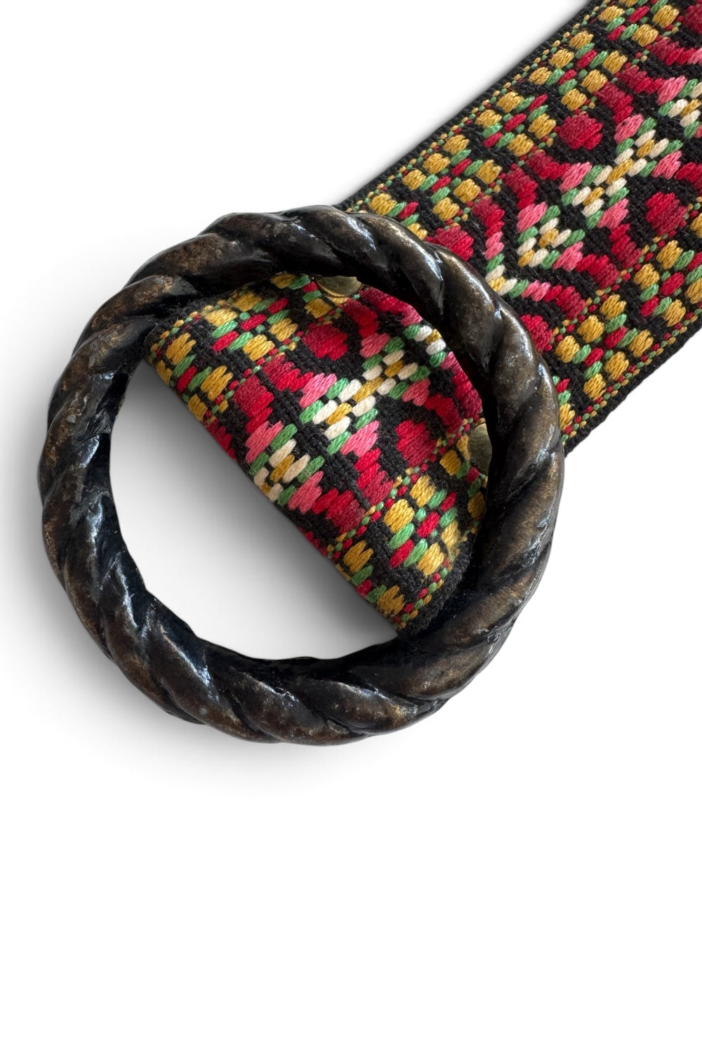Woven Tapestry Belt Folk Pattern Black Metal O-Ring Buckle 34"