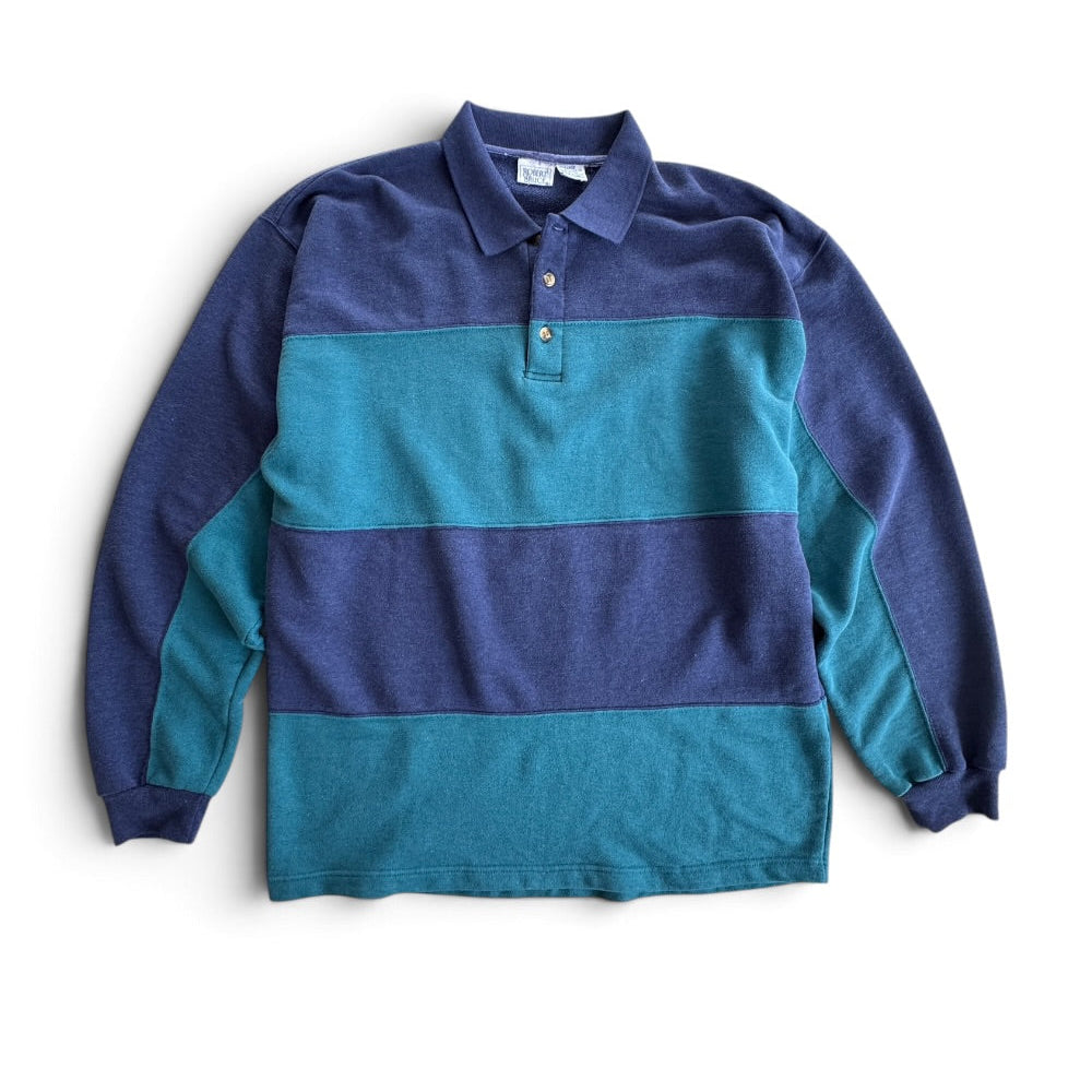1990's Robert Bruce Button V-Neck Sweatshirt Blue Teal Stripe Colorblock Sz L