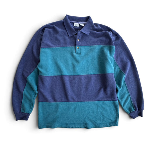 1990's Robert Bruce Button V-Neck Sweatshirt Blue Teal Stripe Colorblock Sz L